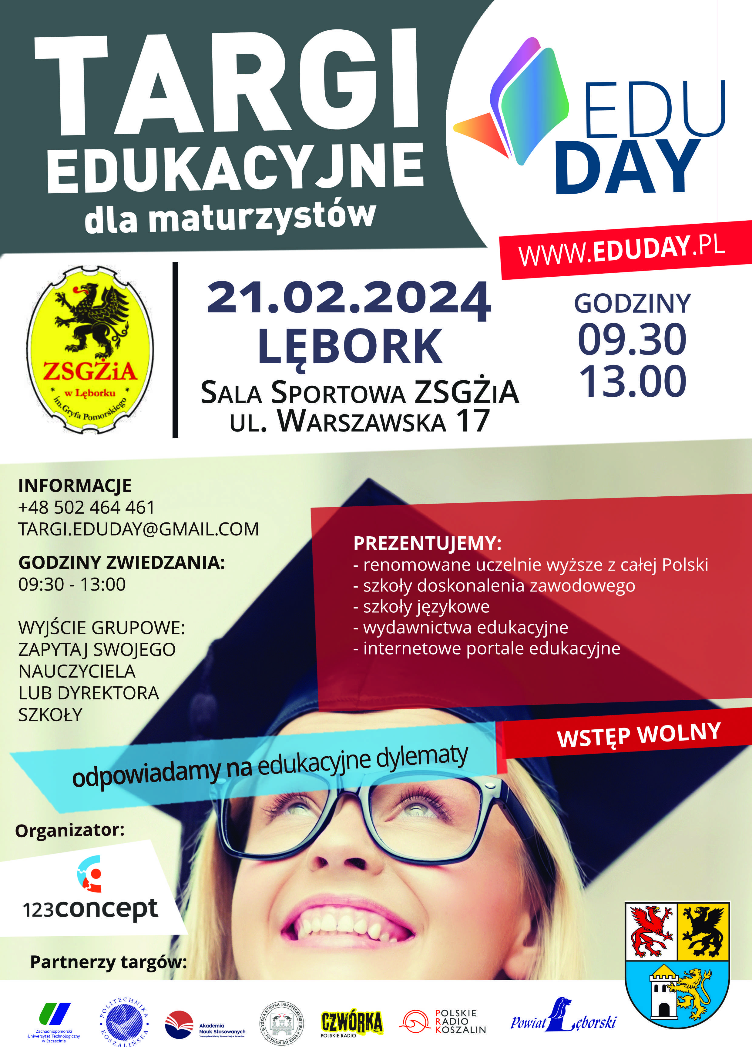Plakat promujący targi edukacyjne dla maturzystów, które odbędą się w Lęborku w Sali Sportowej ZSGŻiA, ul. Warszawska 17 w godzinach od 9:30 do 13:00