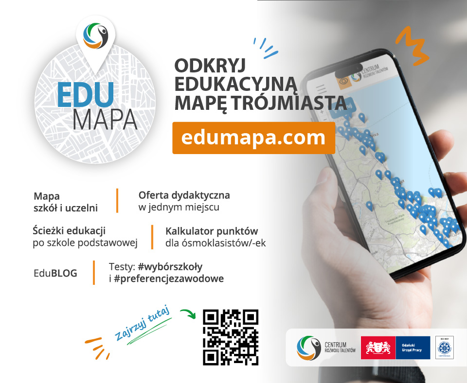 Plakat promujący nowy serwis o edukacji dla młodzieży z Trójmiasta i okolic